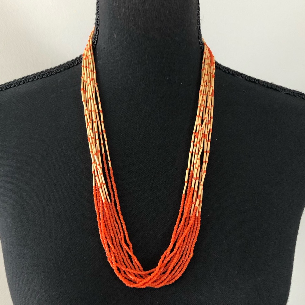 Vintage Handcrafted Orange Beige Multi-Strand Boho Beaded Necklace